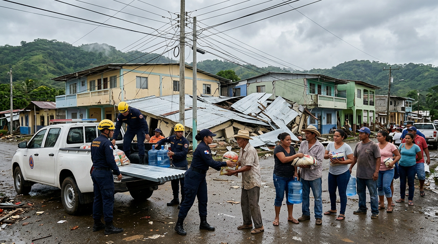 Imagen ilustrativa generada con IA: rescatistas con cascos amarillos y vecinos de Azuero reparten ayuda y zinc frente a casas dañadas por el sismo