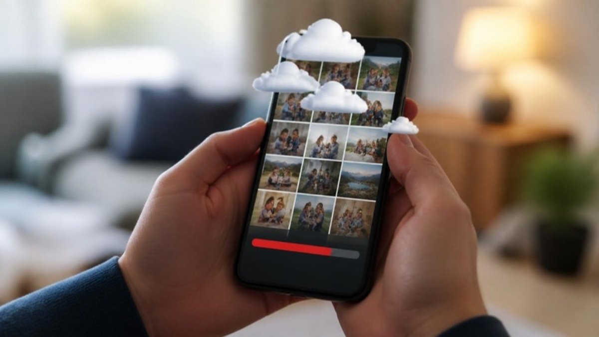 Imagen ilustrativa generada con IA: celular con galería de fotos y almacenamiento casi lleno